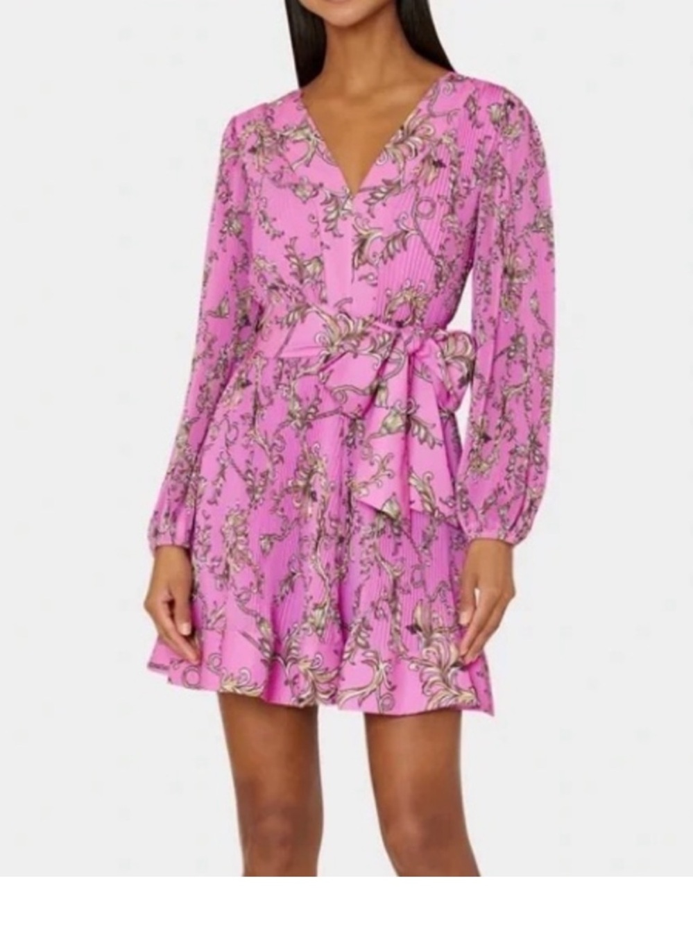 Milly-  Liv pleated Pink Printed V-Neck Long-Sleeve Tie Dress Size 8